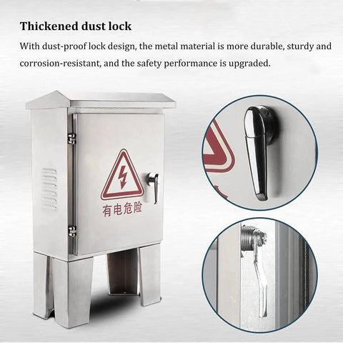 Stainless Steel Floor Standing Junction Box Waterproof Electrical Enclosure With Hinged Cover And Mounting Plate Built Like A Tank Durable Metal Electrical Box For Industrial And Outdoor Use L60 W20 H90 CM, front view with lock