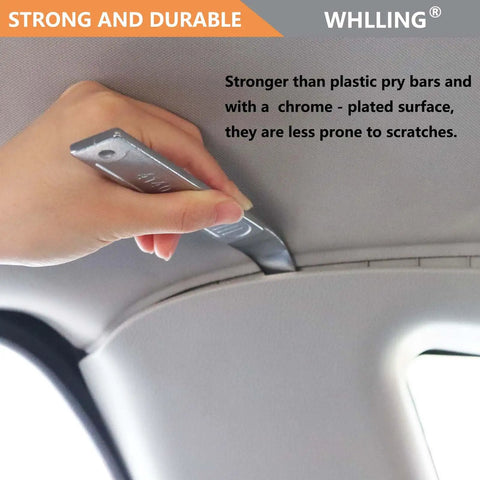 Hand using Two Piece 4140 Pry Bar Set For Auto Panel Removal and Trim Demolition, chrome finish, in car interior trim.