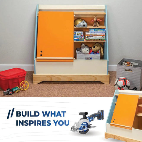 20V Ionic Drive 4 1/2 Inch Circular Saw Bare Tool Pro Grade Power With Brushless Motor Built In Safety Features LED Cutline Visibility Integrated Dust Port For A Clean Accurate Cut next to a wooden storage unit with toys and books
