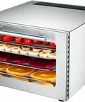 Professional Stainless Steel 5 Tray Food Dehydrator With Smart Touch Panel And Precise Heat Controls Using Horizontal Airflow To Dry Fruits Vegetables Herbs And Homemade Jerky As A Hella Top Shelf Win, showing dehydrated fruits and tomatoes.