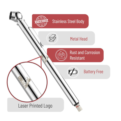 UNCO pencil tire gauge, 2-pack, stainless steel body, 10–75 PSI car tire air gauge