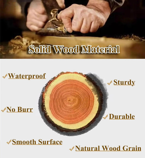 Solid wood material being crafted, showcasing waterproof, sturdy, and durable qualities with natural wood grain.