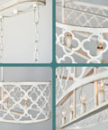 Close-up of Sutton 35-Inch Five-Light Modern Island Light with open quatrefoil metal shade in rustic antique white finish.