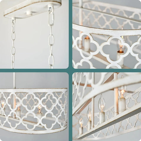Close-up of Sutton 35-Inch Five-Light Modern Island Light with open quatrefoil metal shade in rustic antique white finish.