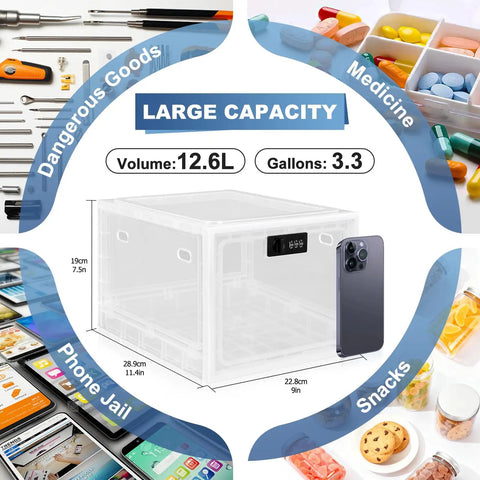 Top Notch Lockable Medicine Storage Box With Straightforward Combination Dial For Prescription Pills Snacks Phones And Daily Stash Secure Home Office container showing large capacity and dimensions.