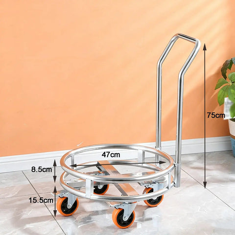 No Sweat Heavy Duty Stainless Steel Drum Stand With Smooth Rolling Wheels For Gas Cylinders And Soup Pots Rust Resistant Mobile Kitchen Cart Indoor Outdoor with measurements.