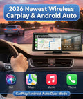Driver using 8.1 Inch Wireless CarPlay Screen With 2K Front Dash Cam And 1080P Rear Backup Camera in a car interior