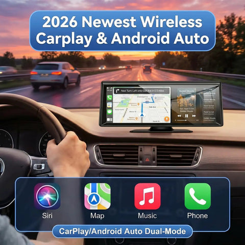 Driver using 8.1 Inch Wireless CarPlay Screen With 2K Front Dash Cam And 1080P Rear Backup Camera in a car interior
