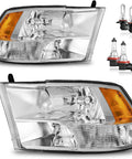 Front view of Dodge Ram Quad Hole Halogen Headlights Assembly with bulbs for 2009-2018 Ram 1500, 2010-2018 Ram 2500/3500 OE fitment.