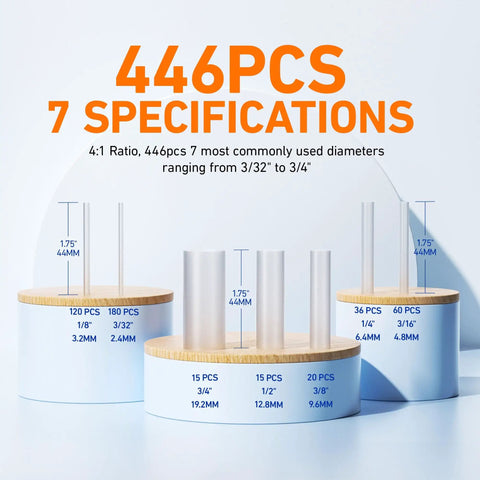 Heat Shrink Tubing Kit 446 Pcs Adhesive Lined Clear Shrink Wrap Four to One Ratio sizes on display