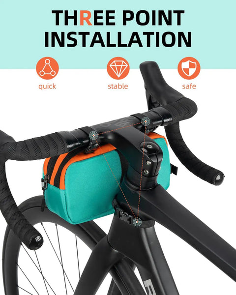 Ride Ready Must Have High Capacity Bike Handlebar Bag With Quick Release Front Bag 2.5L installed on bike with three-point system