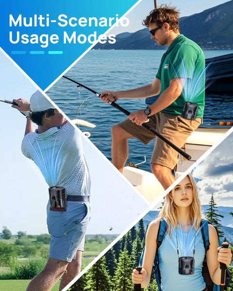 People using Portable Waist And Neck Fan With A 14000 RPM Brushless Motor 5 Blade Turbine Delivers Ultra Strong Airflow outdoors