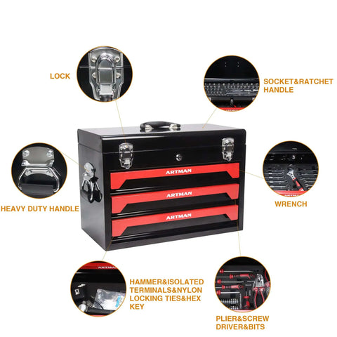 Heavy Duty Steel Tool Box With Three Drawers And Ball Bearing Slides Portable Tool Chest Organizer Lockable Powder Coated Garage Workshop Storage Cabinet For All Your Repair Tools