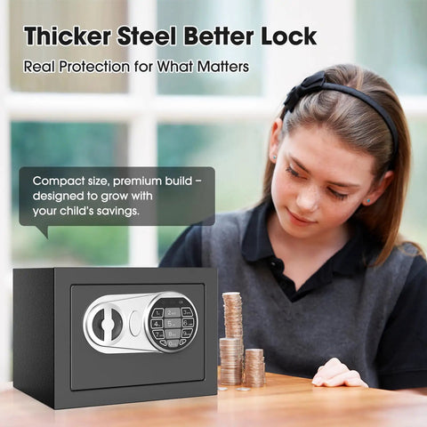 Girl using Compact Digital Home Safe With Keypad And Emergency Key, Mini 0.3 Cu Ft Stash Box for cash, jewelry, coins under desk or closet.