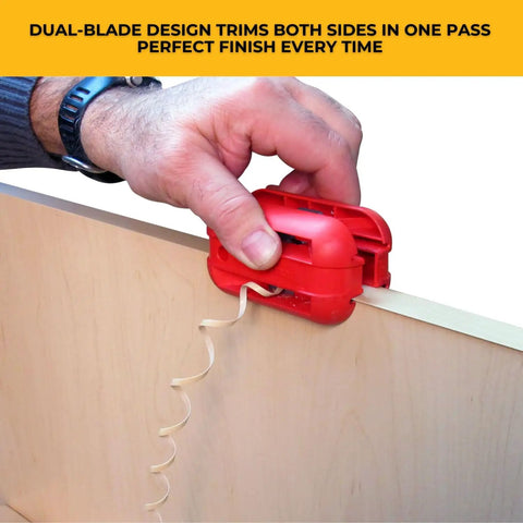 Quad Pro Pneumatic Edge Trimmer With Tungsten Carbide Blades Trims From One Half Inch To One And One Quarter Inch No Springs Attached Trims All Directions Ultra Smooth Action Red Finish shown trimming wood edge smoothly by hand.
