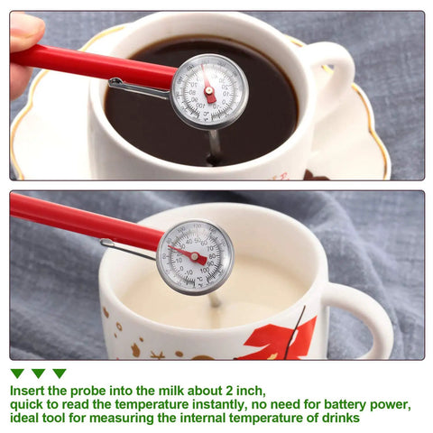 Two images showing 3 Pack Instant Read Dial Thermometers With Calibration Sleeves in coffee and milk frothing cups