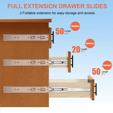 Diagram of 12 Inch Soft Close Drawer Slides 1 Pair Full Extension Ball Bearing Side Mount Rails for varying extension lengths