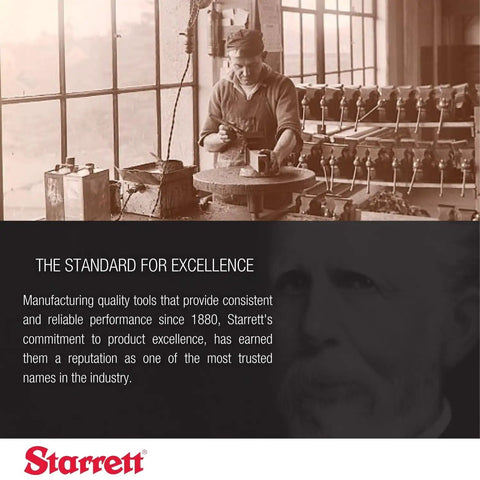 Historical image of a worker in a tool factory, Starrett logo, and text about manufacturing quality tools since 1880.
