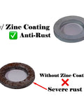 Comparison of washers with zinc coating versus without, showing anti-rust features and severe rust.