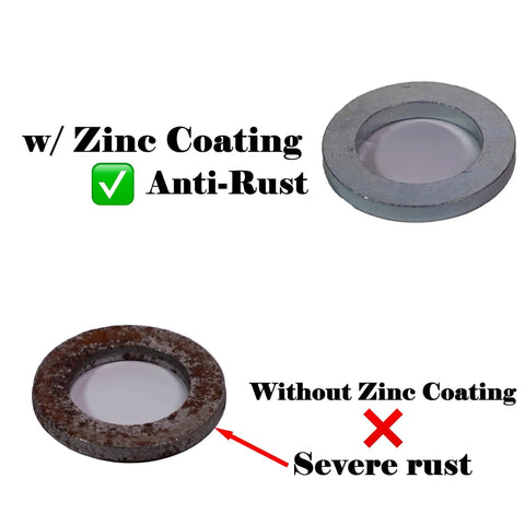 Comparison of washers with zinc coating versus without, showing anti-rust features and severe rust.