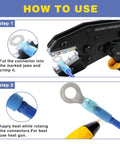 Instructions for using Blue Marine Grade Heat Shrink Ring Terminals Set, 100 pcs, wire gauge 16 to 14, tinned red copper, diagram steps.