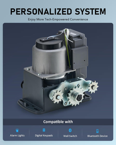 Heavy Duty Sliding Gate Opener for 40 Ft Gates Up To 1400 Lb With 280W Chain Drive mechanism with cogs and motor visible