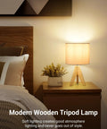 Boho Table Lamp Set Of 2 With Wooden Tripod Bases, Grey Linen Fabric Shades on bedside table next to bed, 14.2 Inch