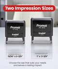 Two sizes of self inking personalized stamp with up to five lines of custom text for addresses names or office use no fuss ink cartridge