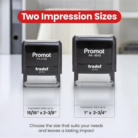 Two sizes of self inking personalized stamp with up to five lines of custom text for addresses names or office use no fuss ink cartridge