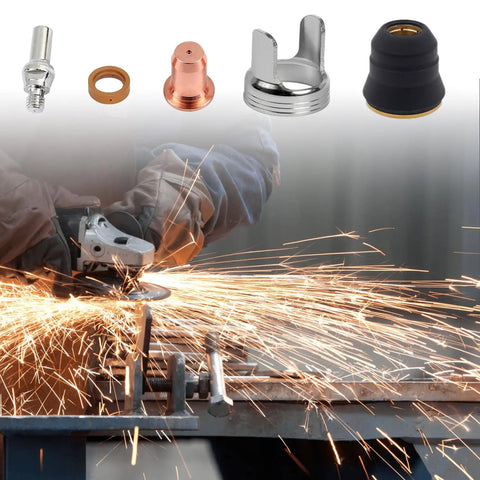 24 Piece IPT40 Plasma Cutter Consumables Kit With Quick Release Electrodes And Nozzles For 55DS Pro And 65DS Cutters, Durable Brass Zinc Alloy Stainless Steel Tips, 24 Pcs Set shown with sparks flying from metal cutting process.