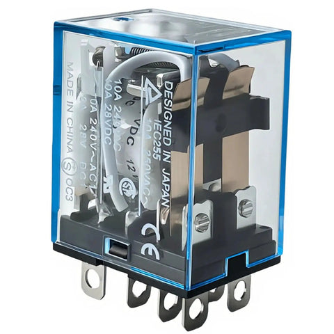 12V DC DPDT Power Relay with LED Indicator, Beefy 10A at 250VAC or 30VDC, 8 Pin Plug in Base Form C Contacts Ice Cube Housing