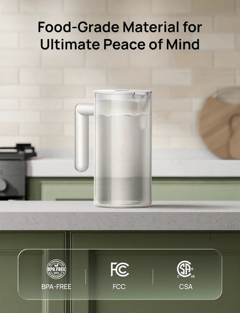 AutoFill Reverse Osmosis Water Pitcher Replacement for WF112 113 114 115 One Point One Liter BPA Free White on kitchen counter