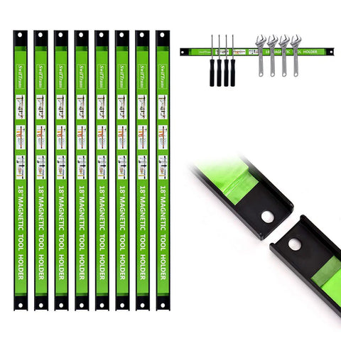 Heavy Duty Magnetic Tool Holder Kit 8 Pack 18 Inch Tool Bars With Mounting Brackets And S Hooks Wall Mount Strip Rack Carbon Steel Built Tough Pro Grade Hold 50 Lb Per Bar Holds Wrenches Screwdrivers Spanners Green