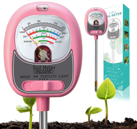 4 In 1 Soil Test Kit With Large Dial Meter For Indoor And Outdoor Growers Track Moisture PH Nutrients And Sunlight, Baby Pink
