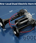 Kickin 12V Car Air Horn Kit Featuring Rip Roaring 120DB Dual Trumpets With Integrated Air Compressor Waterproof Electric Train Horn Upgrade For Tough Trucks And Rvs Matte Black Shell, dual trumpet horn dimensions 8.5 x 6.1 x 2.8 inches.