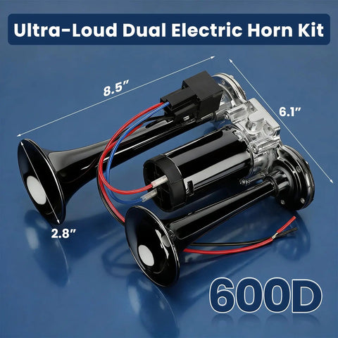 Kickin 12V Car Air Horn Kit Featuring Rip Roaring 120DB Dual Trumpets With Integrated Air Compressor Waterproof Electric Train Horn Upgrade For Tough Trucks And Rvs Matte Black Shell, dual trumpet horn dimensions 8.5 x 6.1 x 2.8 inches.