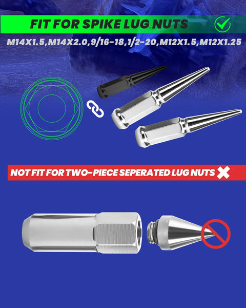 Spike Lug Nut Socket Key for Stripped Lug Nuts, 19mm Hex Universal Drive, showing fit and non-fit examples for lug nuts.