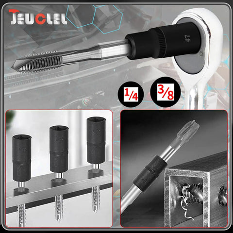 Magnetic Tap Socket Wrench Set Ten Piece With One Fourth Inch And Three Eighth Inch Drive Tap Holders in use with taps