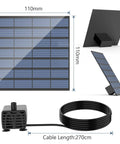 DIY Solar Water Pump Kit For Outdoor Water Features With Six Nozzles showing solar panel and pump dimensions, 270cm cable.
