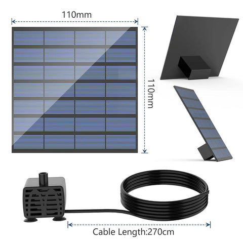 DIY Solar Water Pump Kit For Outdoor Water Features With Six Nozzles showing solar panel and pump dimensions, 270cm cable.
