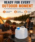 Collapsible Water Container With Spigot For Camping And Hiking shown next to a family by a tent at sunset