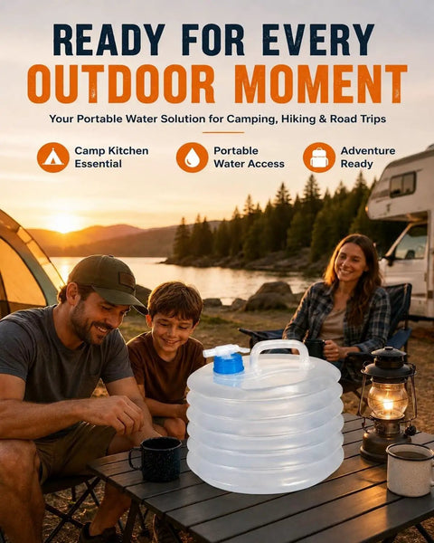 Collapsible Water Container With Spigot For Camping And Hiking shown next to a family by a tent at sunset