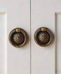 Antique Brass Ring Pulls Set Of 30 Solid Brass Cabinet Knobs And Drawer Handles, Vintage European Style With Satin Gold Finish on cabinet