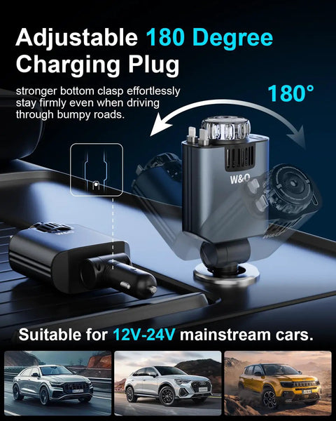 Ride Ready Sick Flex Retractable 5 In 1 Car Charger Adapter 69W Fast Charging for iPhone and Galaxy Phones with adjustable 180 degree charging plug.