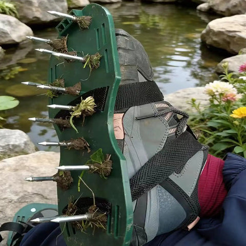 Lawn Aerator Shoes With Spikes For Heavy Duty Yard Work Four Adjustable Straps For Easy Secure Fit shown on a foot in a garden.