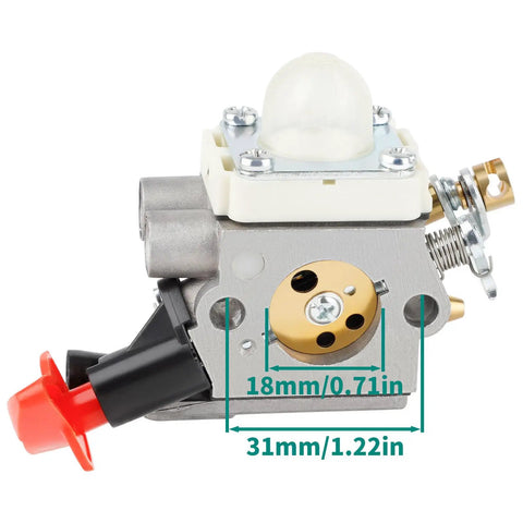 Side view of Stihl And Zama Compatible Carburetor Kit For FS56RC Series Trimmers, Fits FS40 FS50 FS70C And KM56RC, showing measurements.