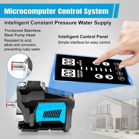 Display of Powerful 750W Whole House Water Pressure Booster Pump With Smart Variable Speed and Intelligent Control Panel.