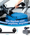 Person holding Starlink Mini Suction Cup Mount With 3 In 1 Car Charger inside car, showing dual vacuum cups and dimensions.