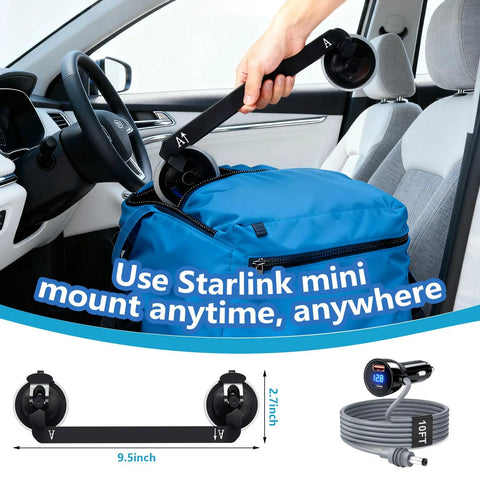 Person holding Starlink Mini Suction Cup Mount With 3 In 1 Car Charger inside car, showing dual vacuum cups and dimensions.