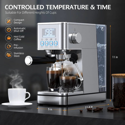 Level Up Your Home Barista Game With This Compact Stainless Steel Espresso Machine Packing A Mighty 20 Bar Pump And Smart Steam Frother For Silky Lattes And Smooth Daily Sips Anytime showing coffee brewing.